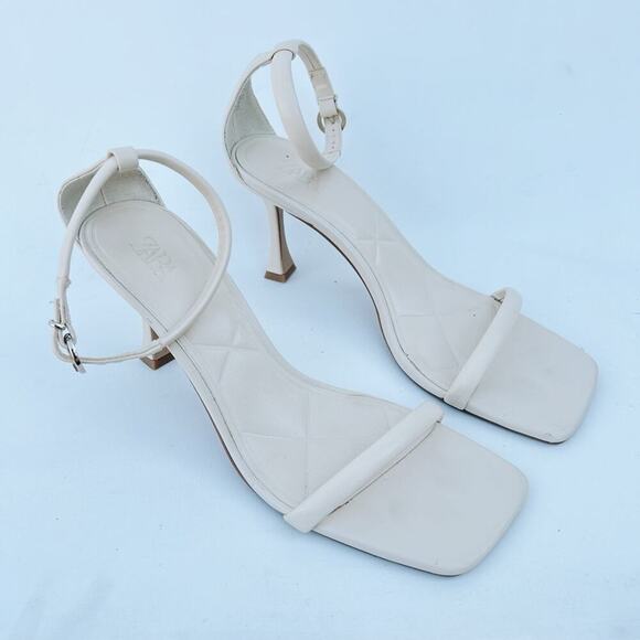 Zara White Cream Leather Ankle Heel Buckle Square Toe Heels Sandals 42 Straps 11 - Picture 4 of 14